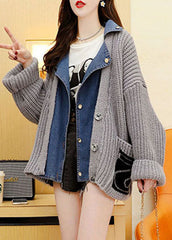 Stylish Grey Denim Patchwork Knit Casual Fall sweaters Coat