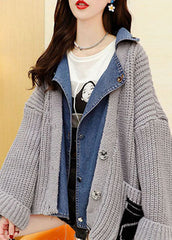 Stylish Grey Denim Patchwork Knit Casual Fall sweaters Coat