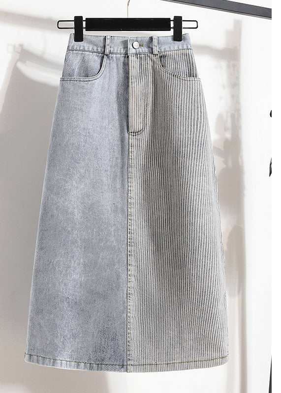 Stylish Light Blue Elastic Waist Patchwork Side Open Denim Skirt