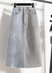 Stylish Light Blue Elastic Waist Patchwork Side Open Denim Skirt