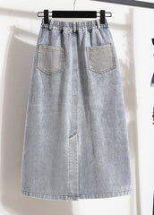 Stylish Light Blue Elastic Waist Patchwork Side Open Denim Skirt