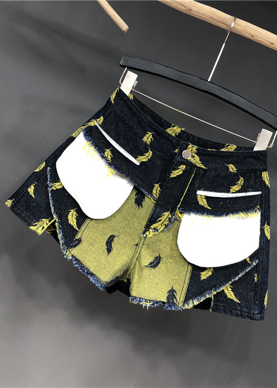 Stylish Navy Feathers Embroideried Patchwork Denim Shorts