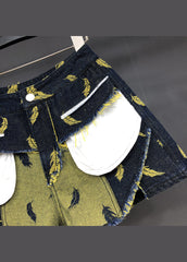 Stylish Navy Feathers Embroideried Patchwork Denim Shorts