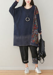 Stylish Navy O Neck Patchwork Print Denim Mid Dress