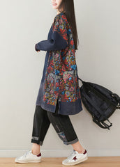 Stylish Navy O Neck Patchwork Print Denim Mid Dress