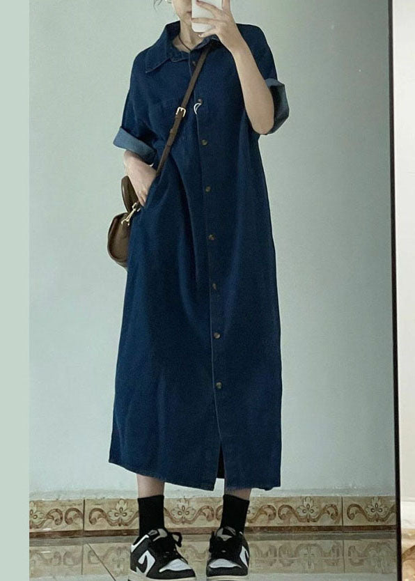 Stylish Navy Peter Pan Collar Patchwork Denim Shirts Dress