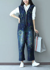 Stylish Navy Zippered Hooded Print Denim Jumpsuits