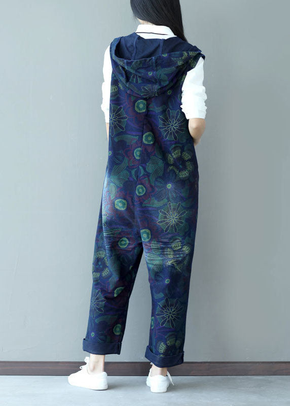 Stylish Navy Zippered Hooded Print Denim Jumpsuits