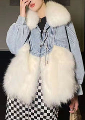 Stylish White Tasseled Denim Patchwork Fuzzy Fur Fluffy Coat Winter