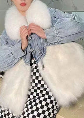 Stylish White Tasseled Denim Patchwork Fuzzy Fur Fluffy Coat Winter