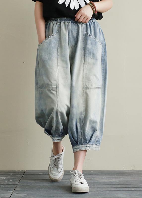 Summer new cropped denim bloomers loose large size blue harem pants