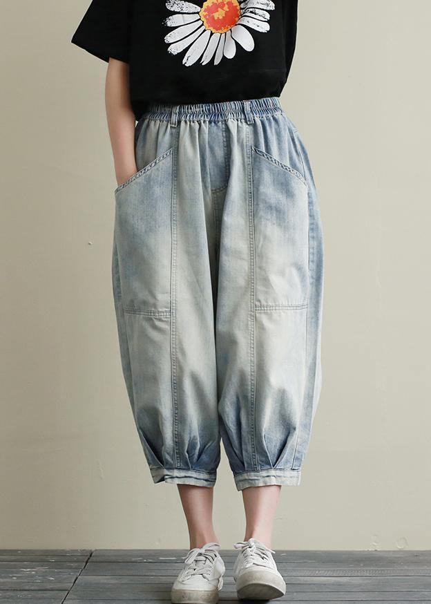 Summer new cropped denim bloomers loose large size blue harem pants