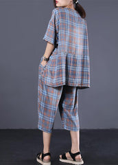 Summer retro plaid casual shirt denim two pieces