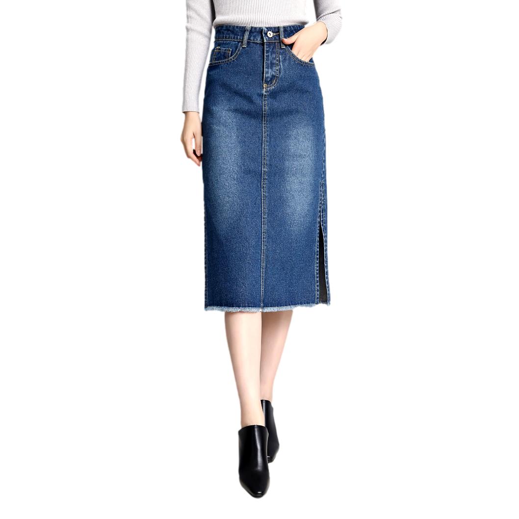 Side slit midi denim skirt