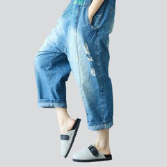 Painted ripped women denim jumpsuit