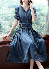 2022 Blue Cinched V Neck Cotton Denim Dress Short Sleeve