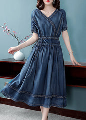 2022 Blue Cinched V Neck Cotton Denim Dress Short Sleeve