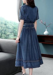 2022 Blue Cinched V Neck Cotton Denim Dress Short Sleeve