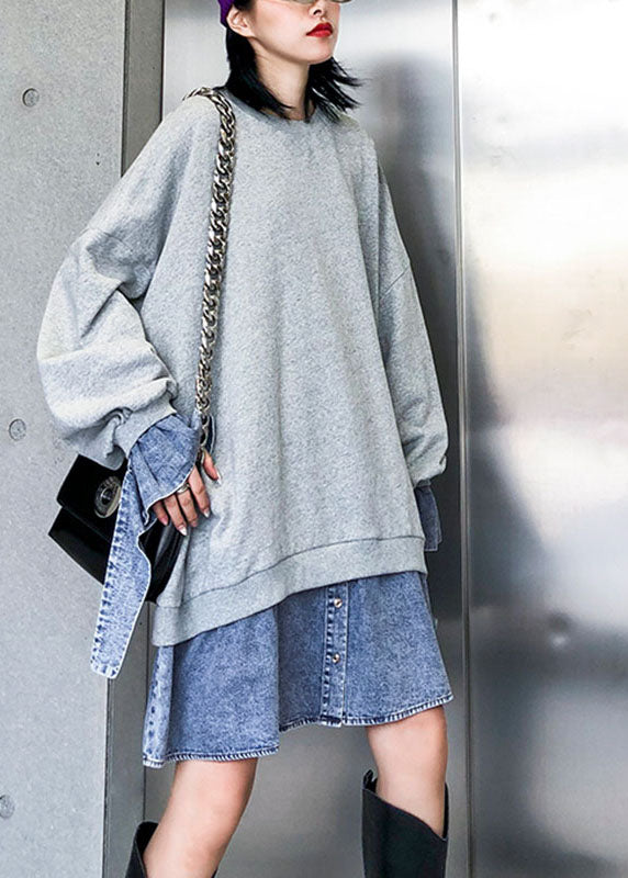 Trendy Grey Patchwork Denim Button Fall Sweatshirts Top