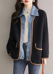 Unique Black Peter Pan Collar Denim Patchwork Woolen Fake Two Piece Coat Fall