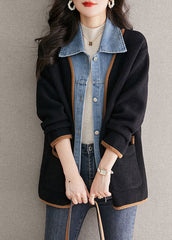 Unique Black Peter Pan Collar Denim Patchwork Woolen Fake Two Piece Coat Fall