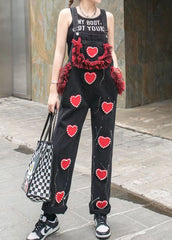 Unique Black Ruffled Nail Bead Patchwork Spaghetti Strap Denim Jumpsuits