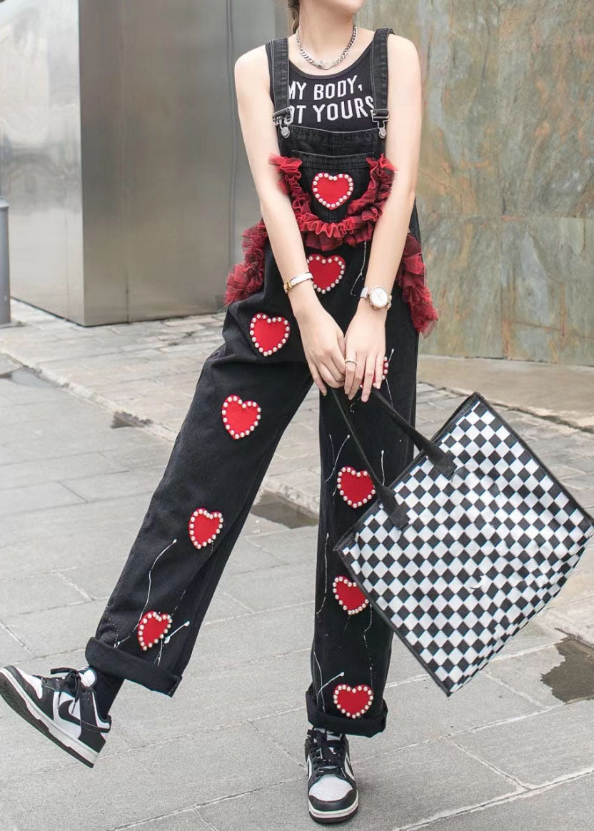 Unique Black Ruffled Nail Bead Patchwork Spaghetti Strap Denim Jumpsuits