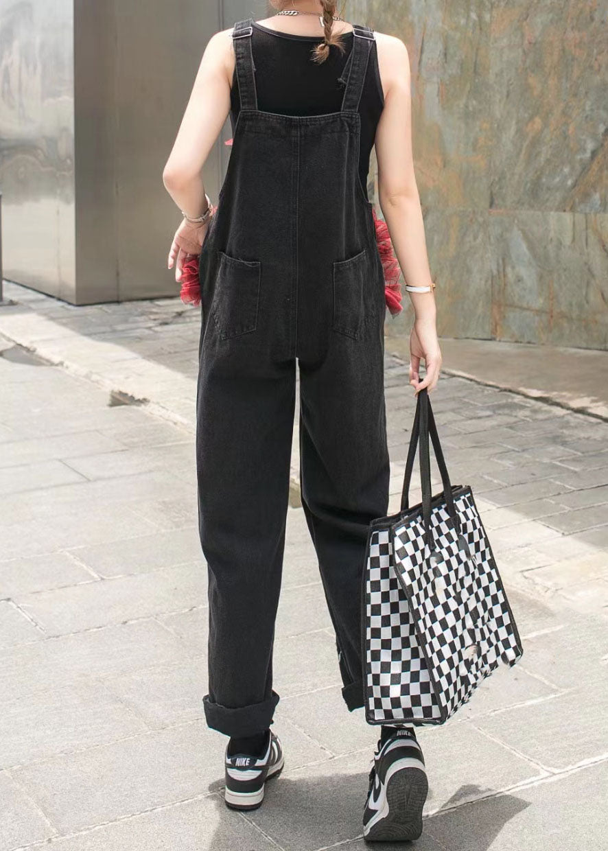 Unique Black Ruffled Nail Bead Patchwork Spaghetti Strap Denim Jumpsuits