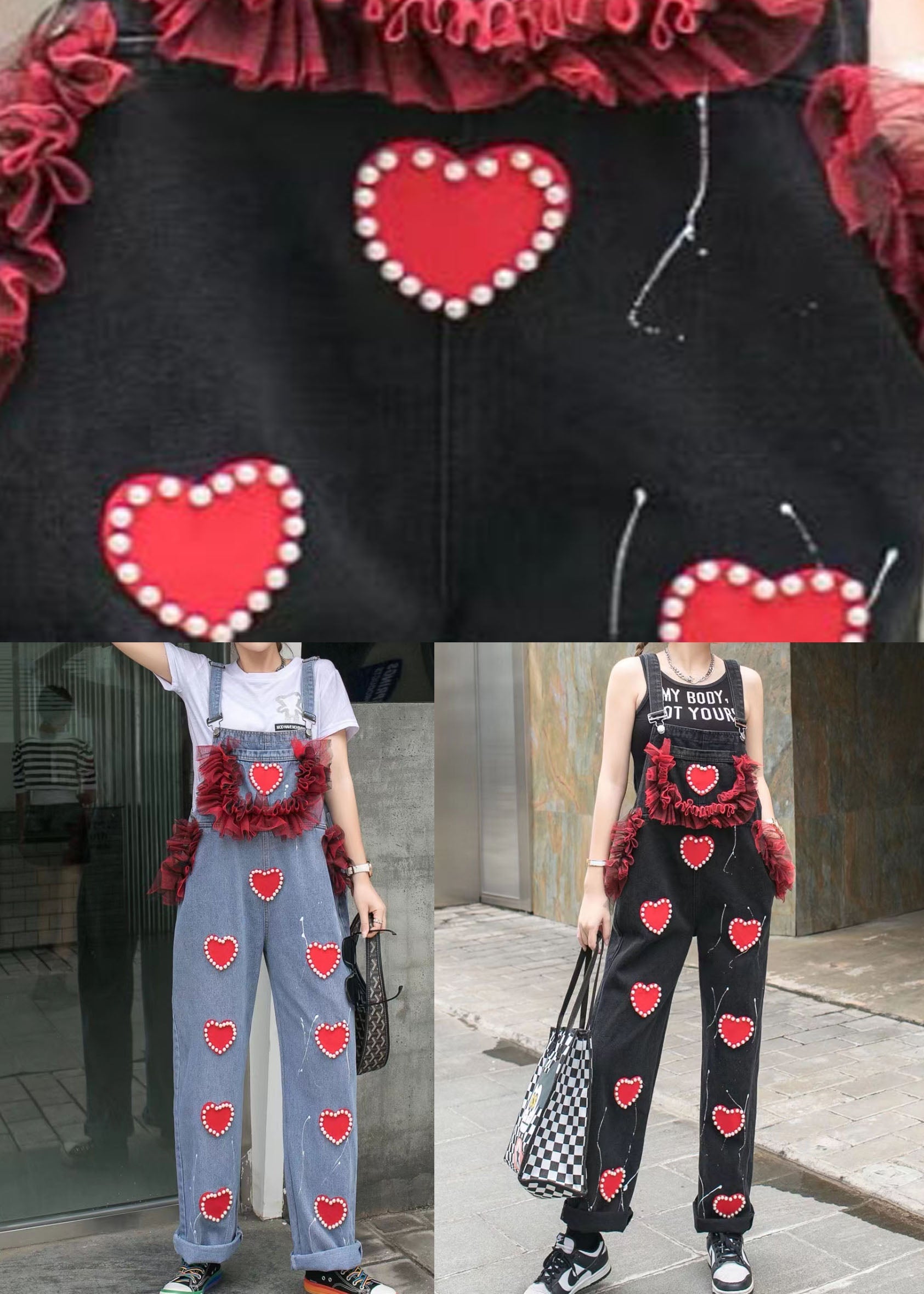 Unique Black Ruffled Nail Bead Patchwork Spaghetti Strap Denim Jumpsuits