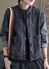 Unique Black Stand Collar Zippered Patchwork Pockets Cotton Denim Coats Long Sleeve