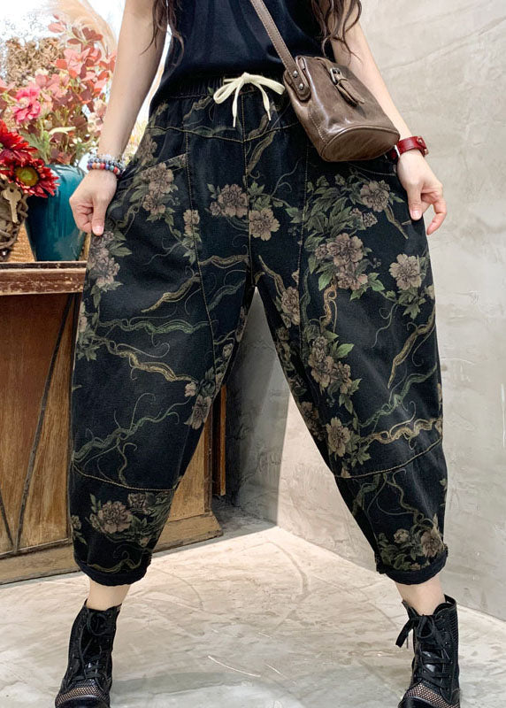 Unique Black retro Cinched Print denim Pants Trousers