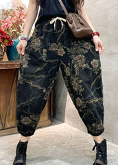 Unique Black retro Cinched Print denim Pants Trousers