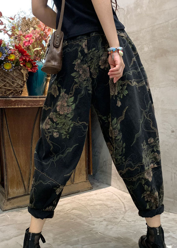 Unique Black retro Cinched Print denim Pants Trousers