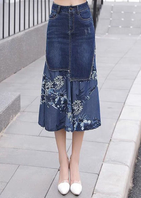 Unique Blue Asymmetrical Chiffon Patchwork Design Denim Skirt