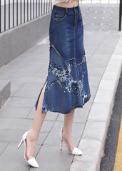 Unique Blue Asymmetrical Chiffon Patchwork Design Denim Skirt