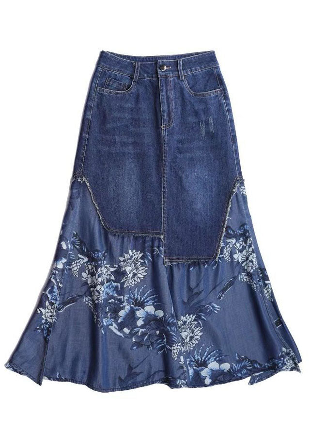 Unique Blue Asymmetrical Chiffon Patchwork Design Denim Skirt