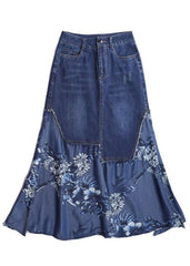 Unique Blue Asymmetrical Chiffon Patchwork Design Denim Skirt