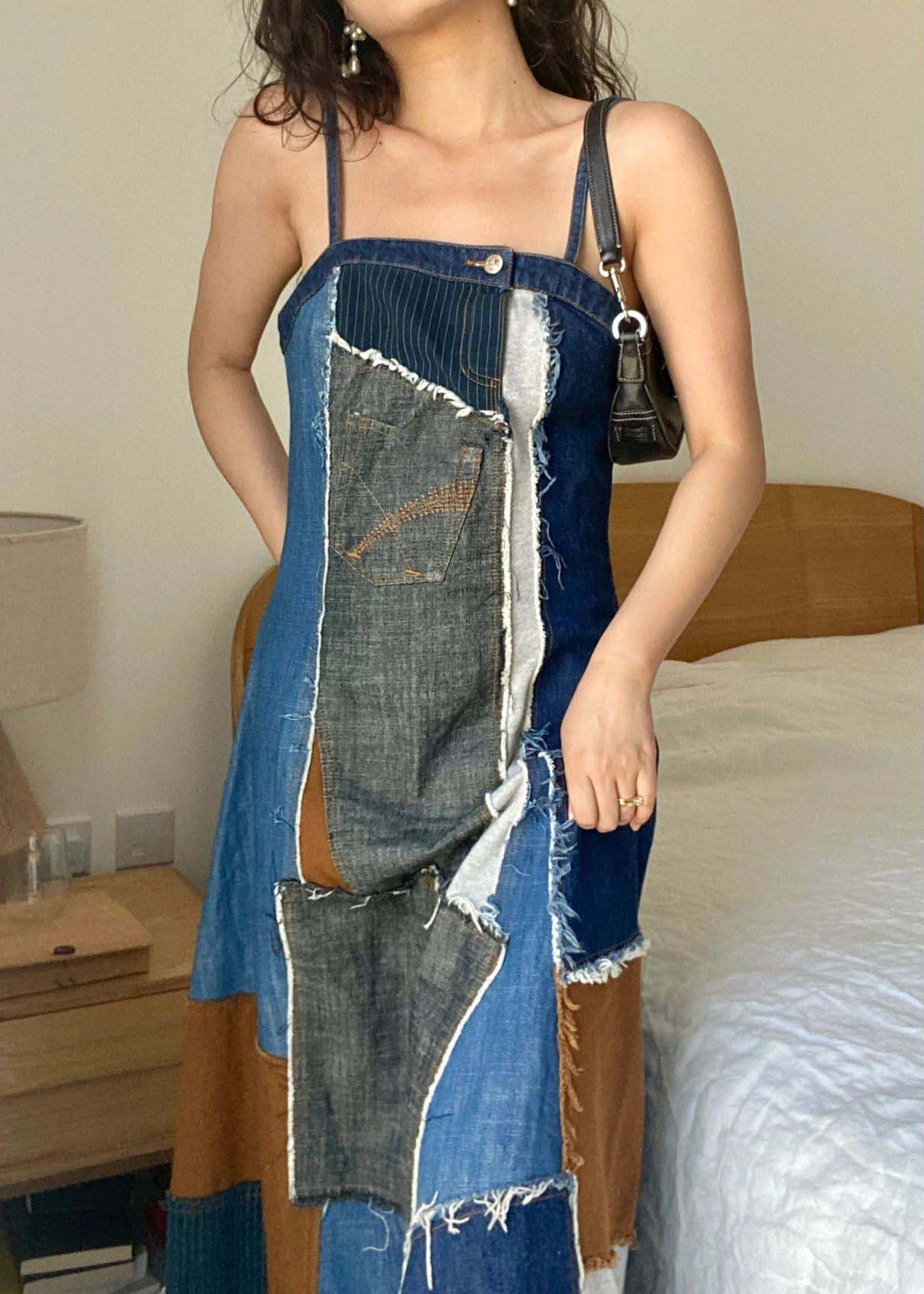 Unique Blue Asymmetrical Patchwork Denim Spaghetti Strap Dress