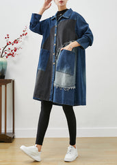 Unique Blue Asymmetrical Patchwork Denim Trench Coats Fall