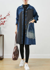 Einzigartige Blaue Asymmetrische Patchwork Denim Trenchcoats Herbst