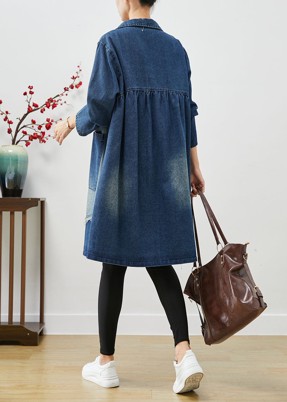 Einzigartige Blaue Asymmetrische Patchwork Denim Trenchcoats Herbst