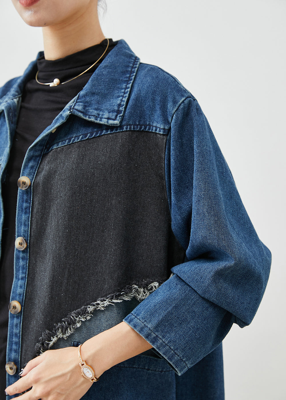 Einzigartige Blaue Asymmetrische Patchwork Denim Trenchcoats Herbst