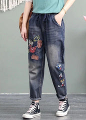 Unique Blue Cartoon Embroideried Pockets Patchwork Denim Pants