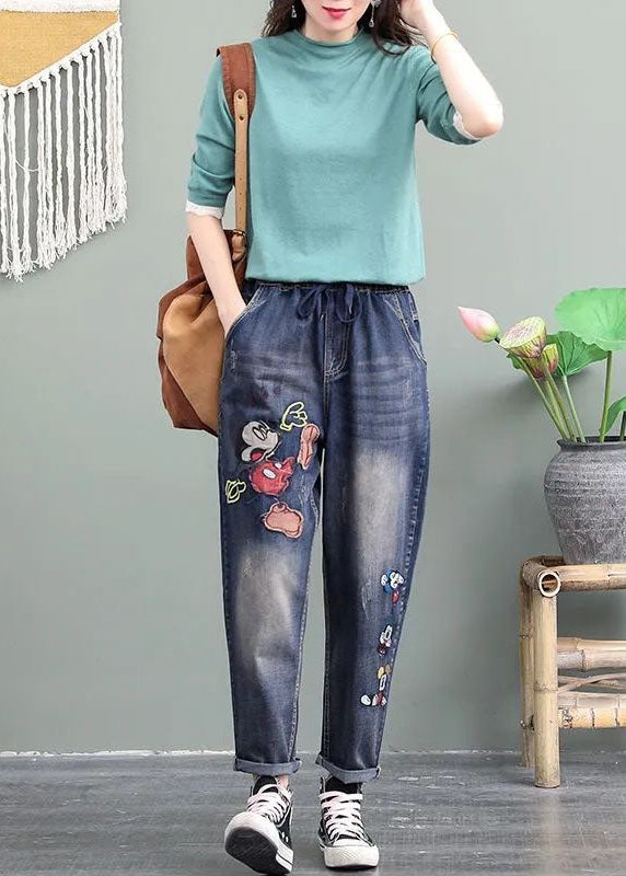 Unique Blue Cartoon Embroideried Pockets Patchwork Denim Pants