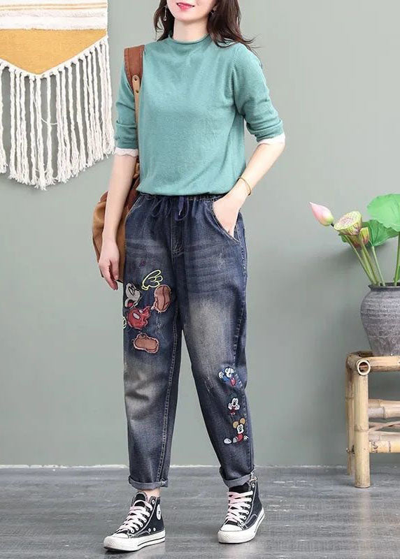 Pantalones vaqueros de patchwork con bolsillos bordados de dibujos animados azules únicos