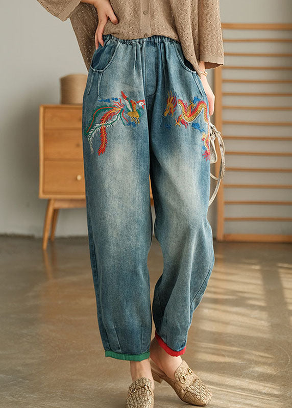 Unique Blue Casual Pockets Embroideried Harem Fall Denim Pants