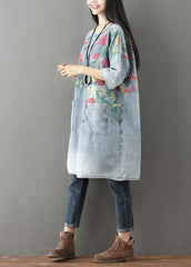 Unique Blue O-Neck Pockets Print Fall Denim Dresses Half Sleeve