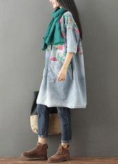 Unique Blue O-Neck Pockets Print Fall Denim Dresses Half Sleeve