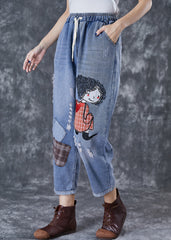 Unique Blue Patchwork Cartoon Girl Denim Ripped Jeans Fall