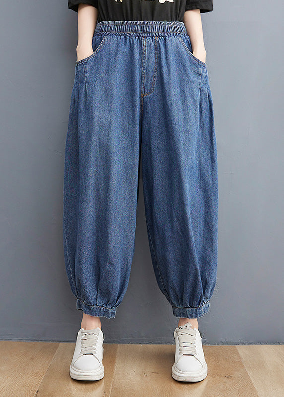 Unique Blue Patchwork Elastic Waist Denim Lantern Pants